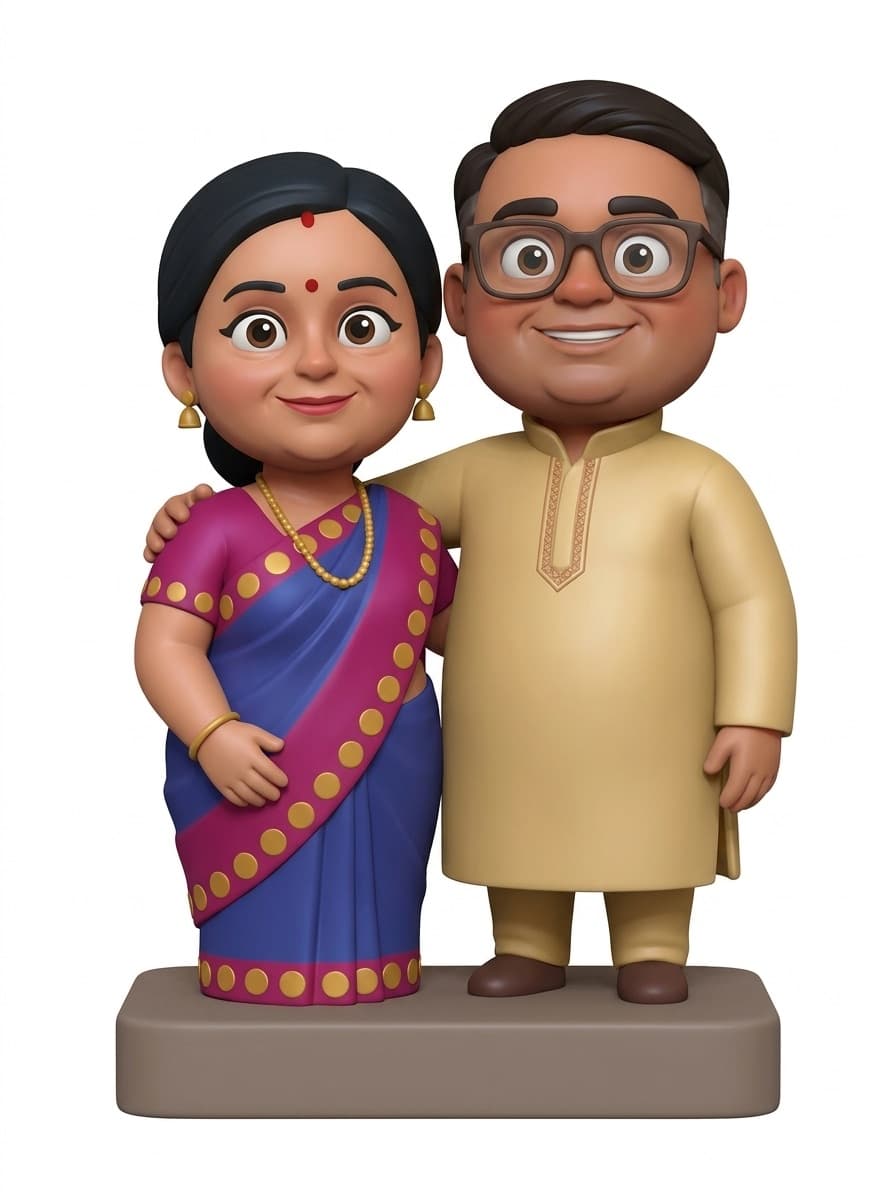 A hand-painted figurine of an older Indian couple, the woman in a blue and pink saree with gold coin border and the man in a cream embroidered kurta, standing arm in arm on a brown base