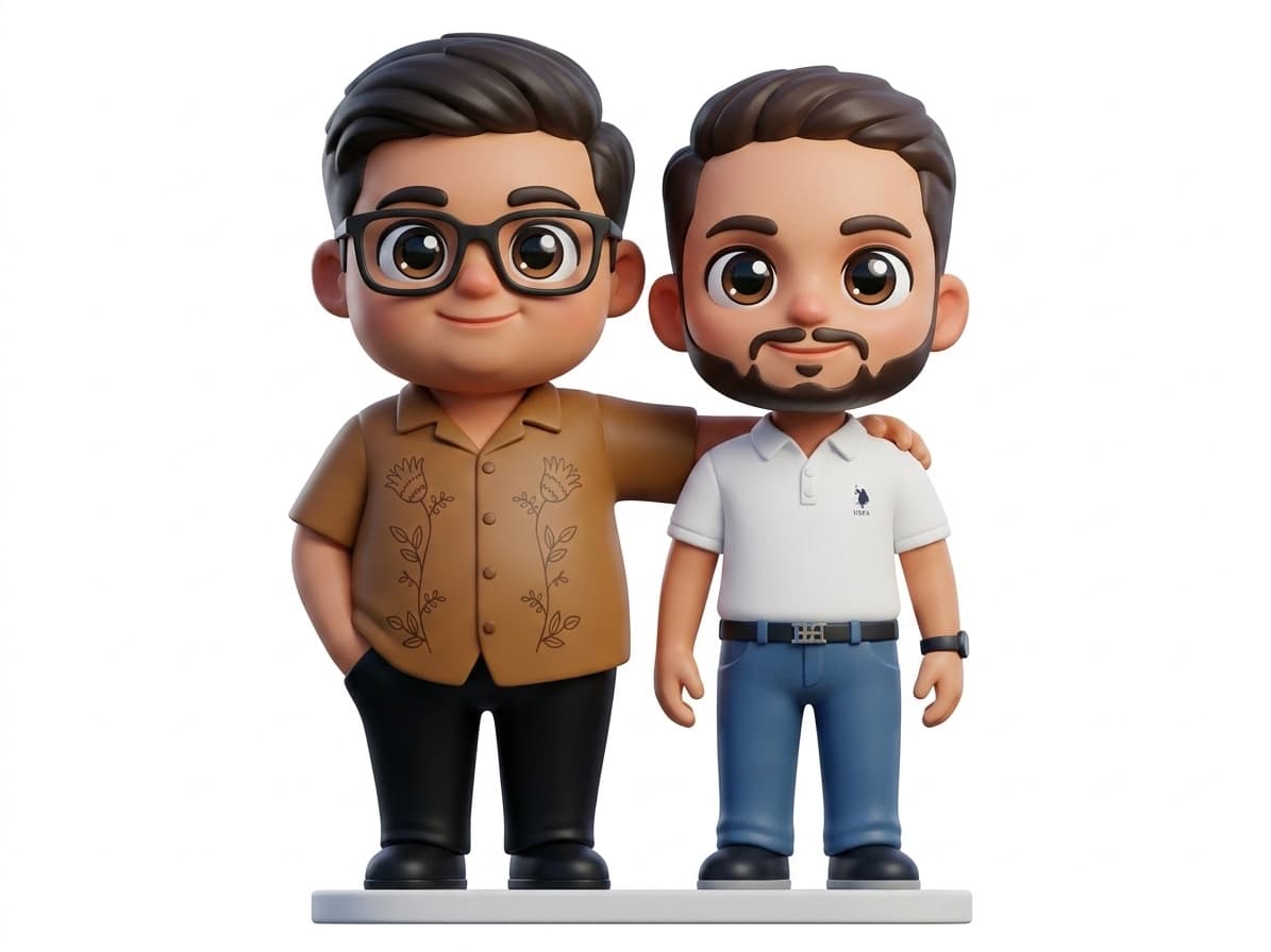 A hand-painted figurine of two men standing together, one in glasses and a brown floral shirt with an arm around the other in a white polo shirt