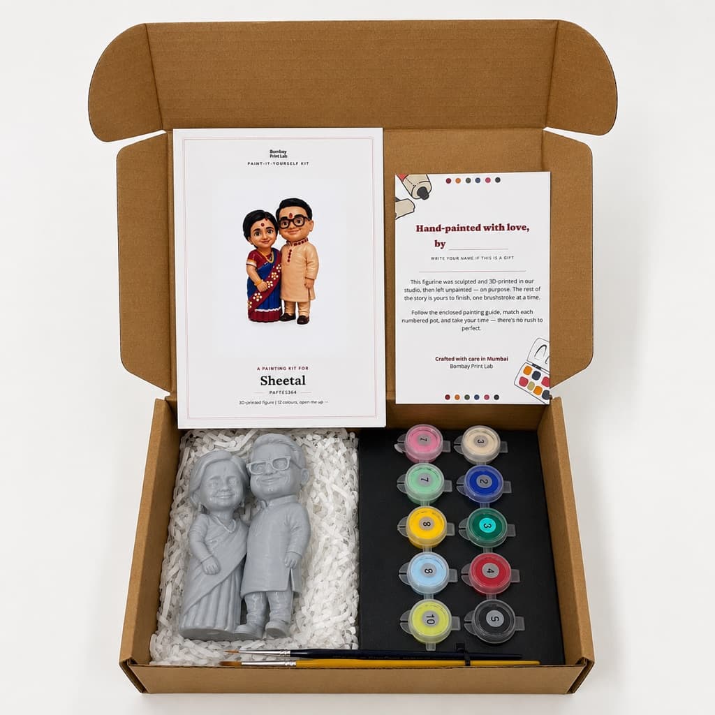 Everything inside the kit — figurine, numbered pots, guide and brushes