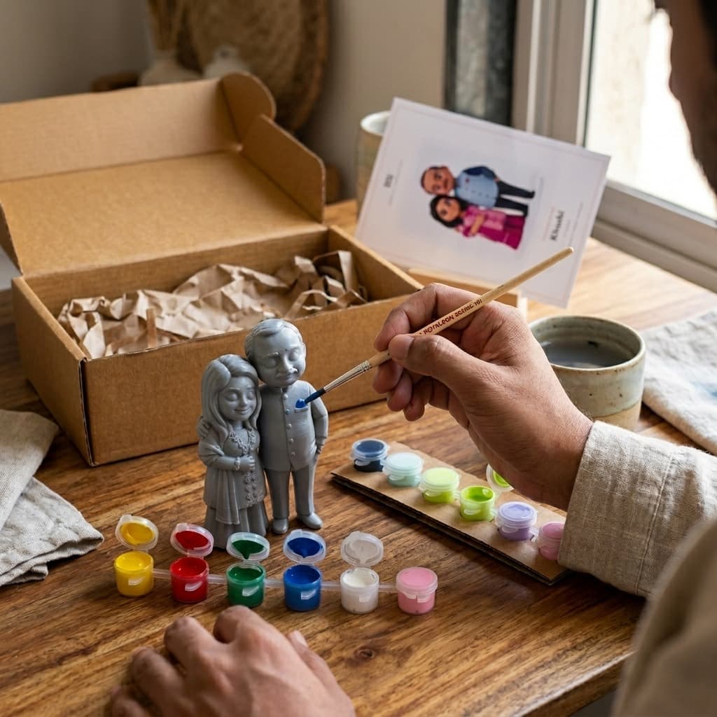 A hand mid-brushstroke painting the blue clothing of an unpainted figurine couple, surrounded by open acrylic paint pots on a wooden table by a window